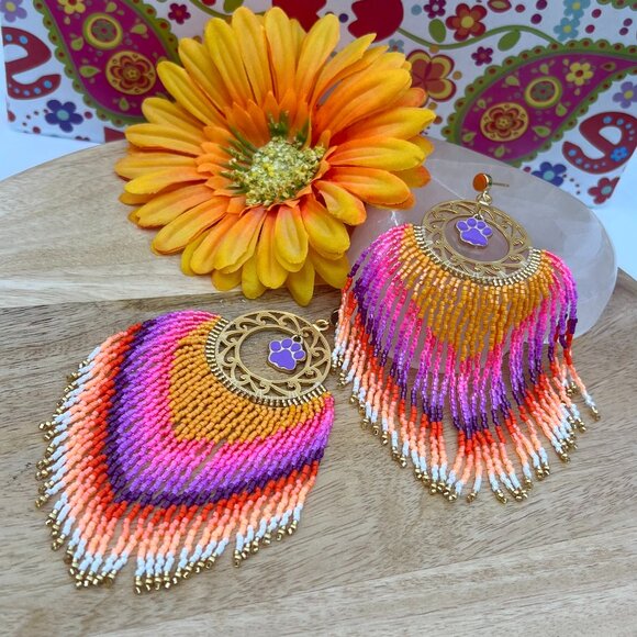 Handmade Beaded Long Fringe Paw Love Dangle Drop Lightweight Post Hoop Earrings - Picture 6 of 10